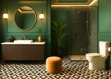 Green bathroom with tiles and gold accents - Beautiful Homes