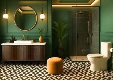 Green bathroom with tiles and gold accents - Beautiful Homes