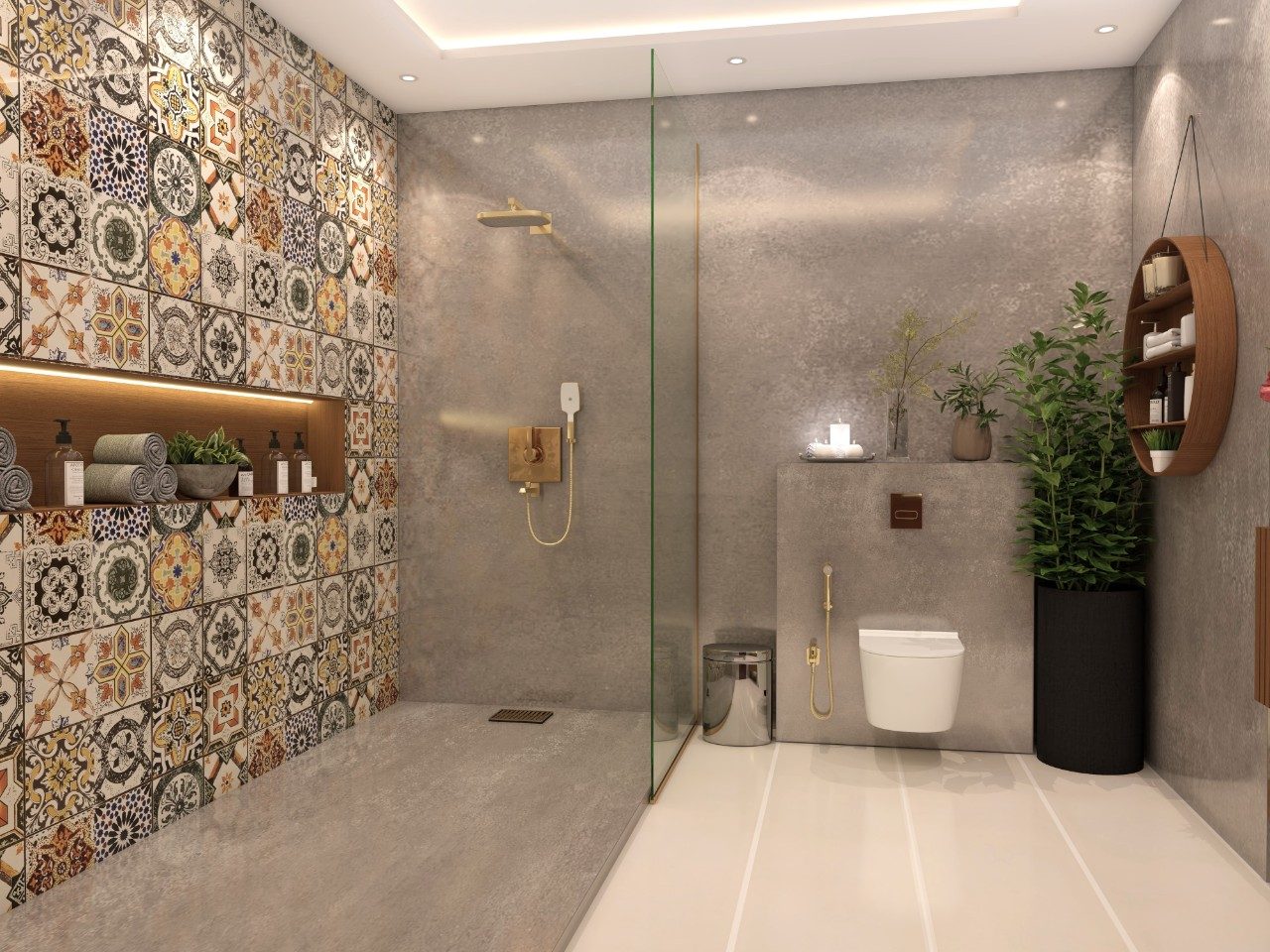 Asian Paints Brown-Grey Tiles and Bath Fittings in a Bohemian Style Bathroom - Beautiful Homes