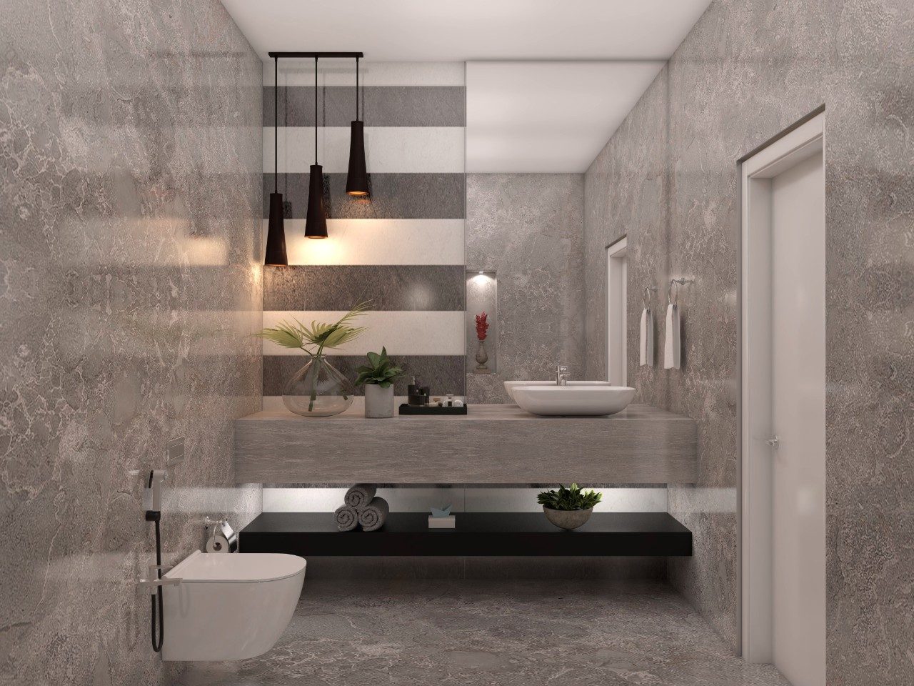 Asian Paints ceramic tiles and bathroom fixtures with white teak chandelier - Beautiful Homes