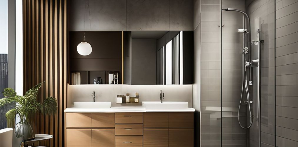 Wooden cabinet design with wash basin and shower cubicle-Beautiful Homes