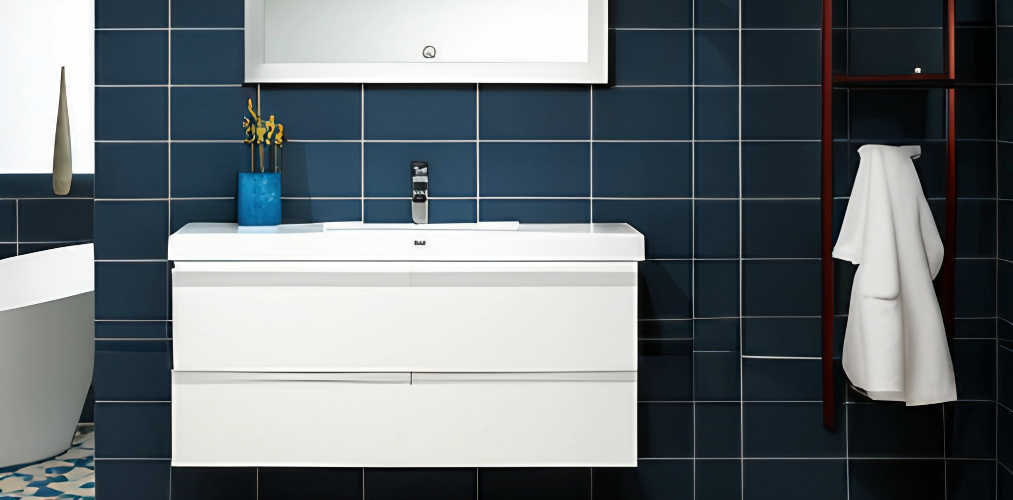 Blue bathroom design with white ceramic wash basin-Beautiful Homes