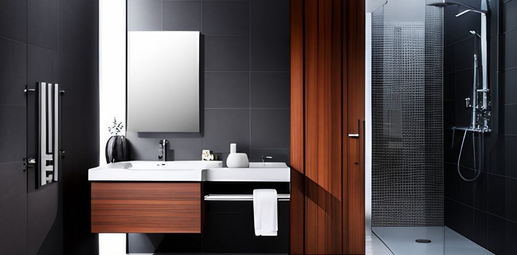 White countertop basin with black shower panel-Beautiful Homes