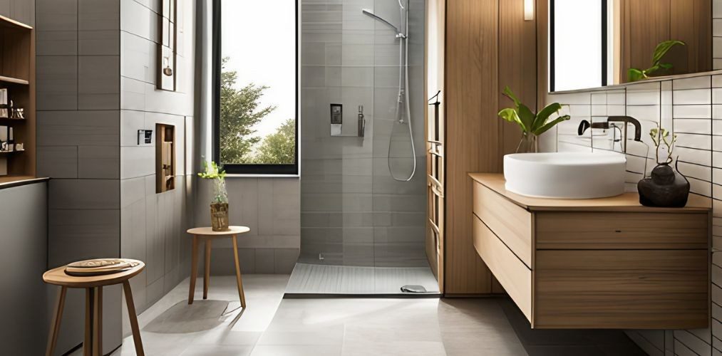 Grey bathroom design with floor tiles and tiled bathroom walls-Beautiful Homes