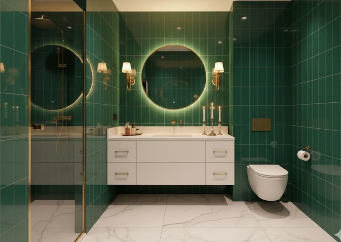 Green tiled bathroom with round mirror and gold fixtures - Beautiful Homes