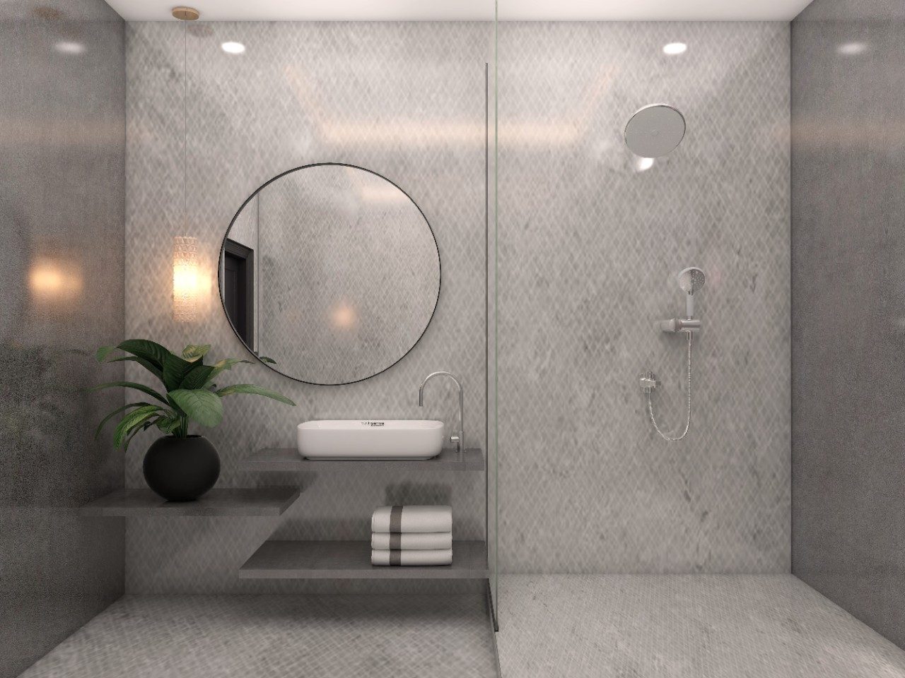 Bathroom design with grey textured tiles-Beautiful Homes