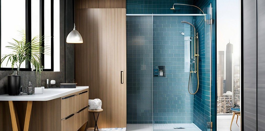 Bathroom design with blue highlighter tiles for shower enclosure-Beautiful Homes