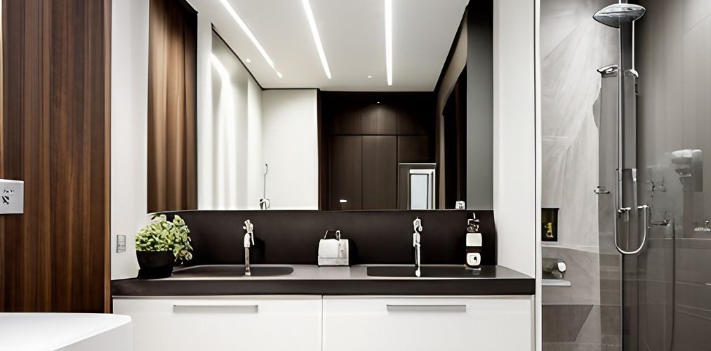 White bathroom with mirror cupboard and grey shower-Beautiful Homes