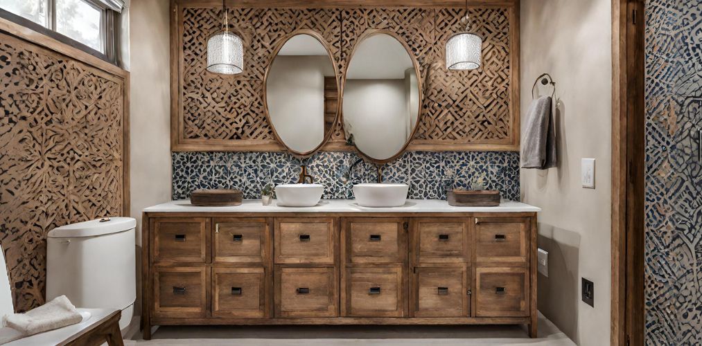 Bathroom design with wooden bathroom cabinet and Moroccan accent wall - Beautiful Homes