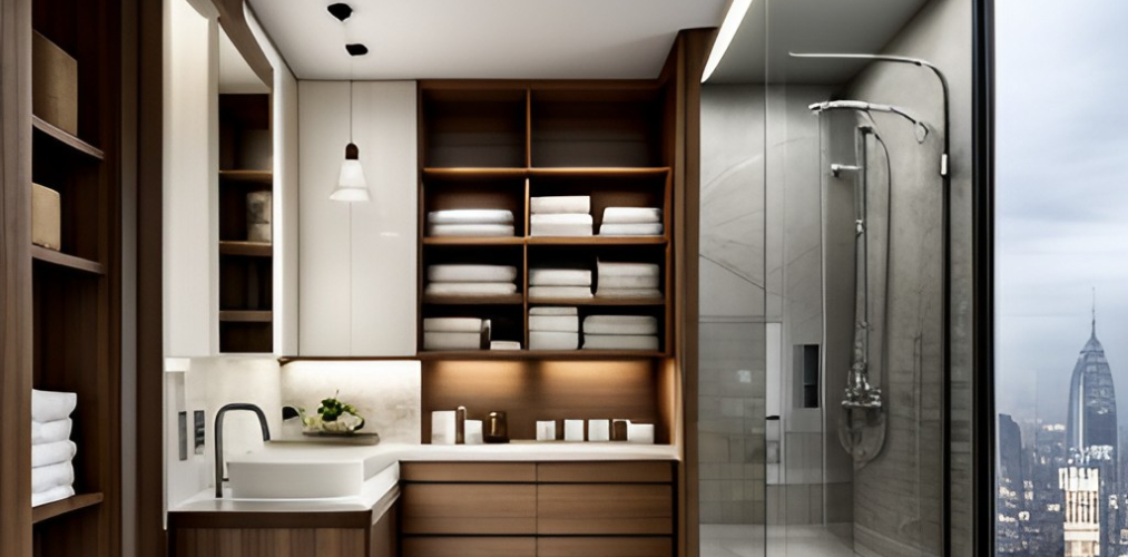 Wooden bathroom shelves with enclosed shower-BeautifulHomes