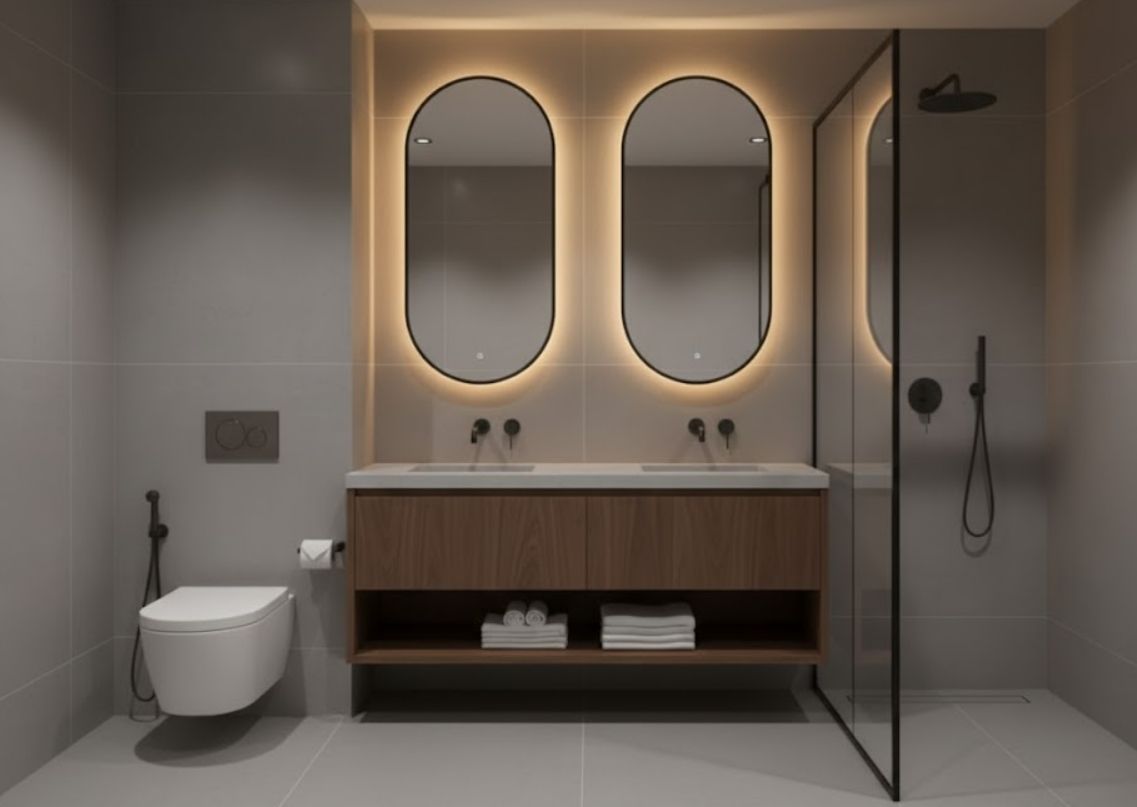 Modern bathroom with double sink and backlit mirror - Beautiful Homes