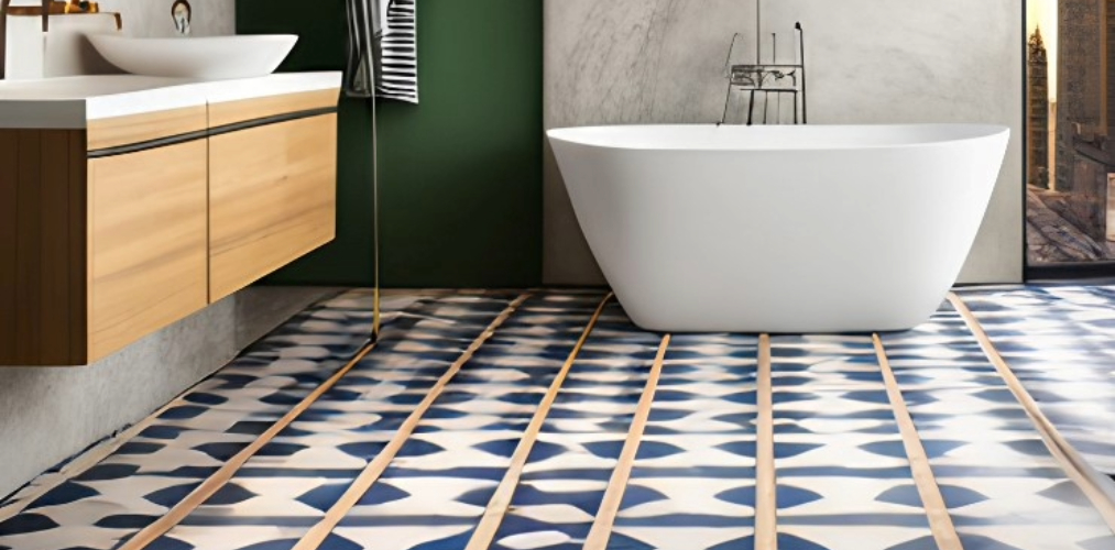 Blue and white patterned bathroom tiles with white sanitaryware-Beautiful Homes
