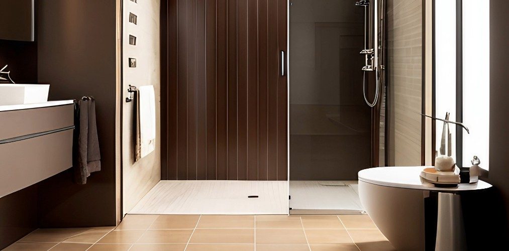 Bathroom floor with brown tiles and towel hanger-Beautiful Homes