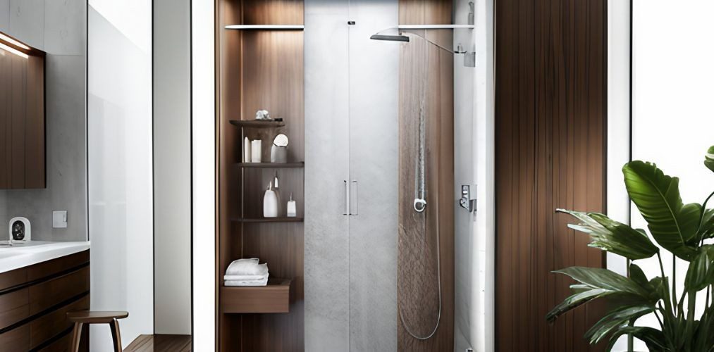 Bathroom shower design with brown acrylic shelves-Beautiful Homes