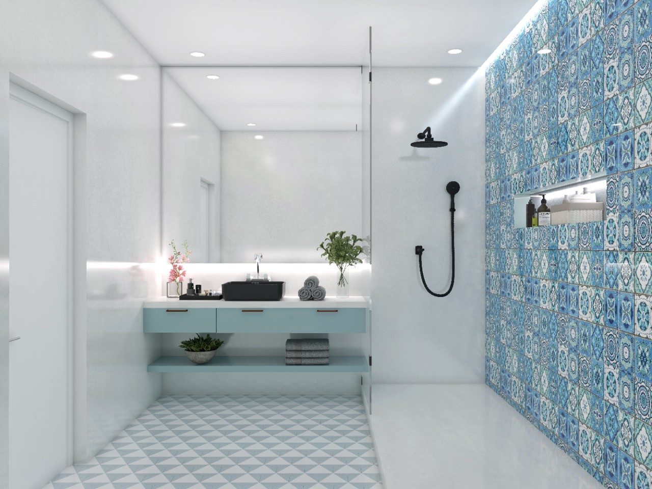 Bathroom shower with printed blue and white tiles-Beautiful Homes