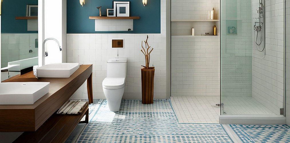 Blue and white tiles design with accessories and cabinets for bathroom-Beautiful Homes