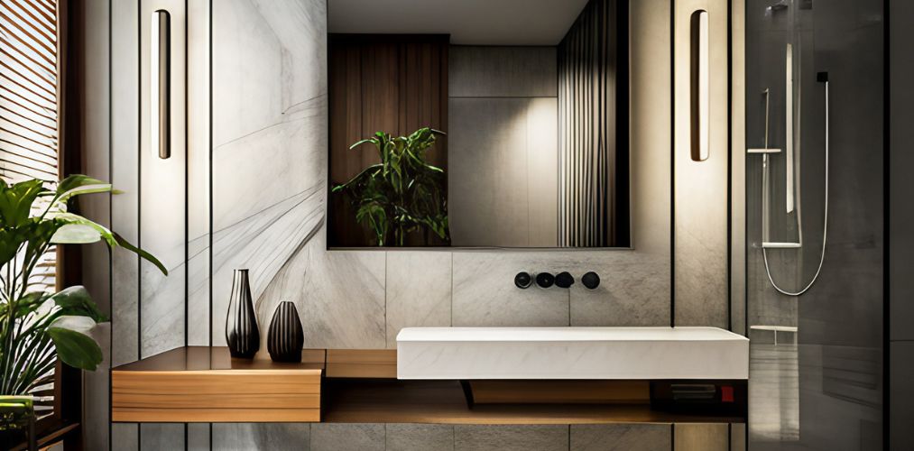 Grey bathroom wall tiles with wash basin and mirror-Beautiful Homes