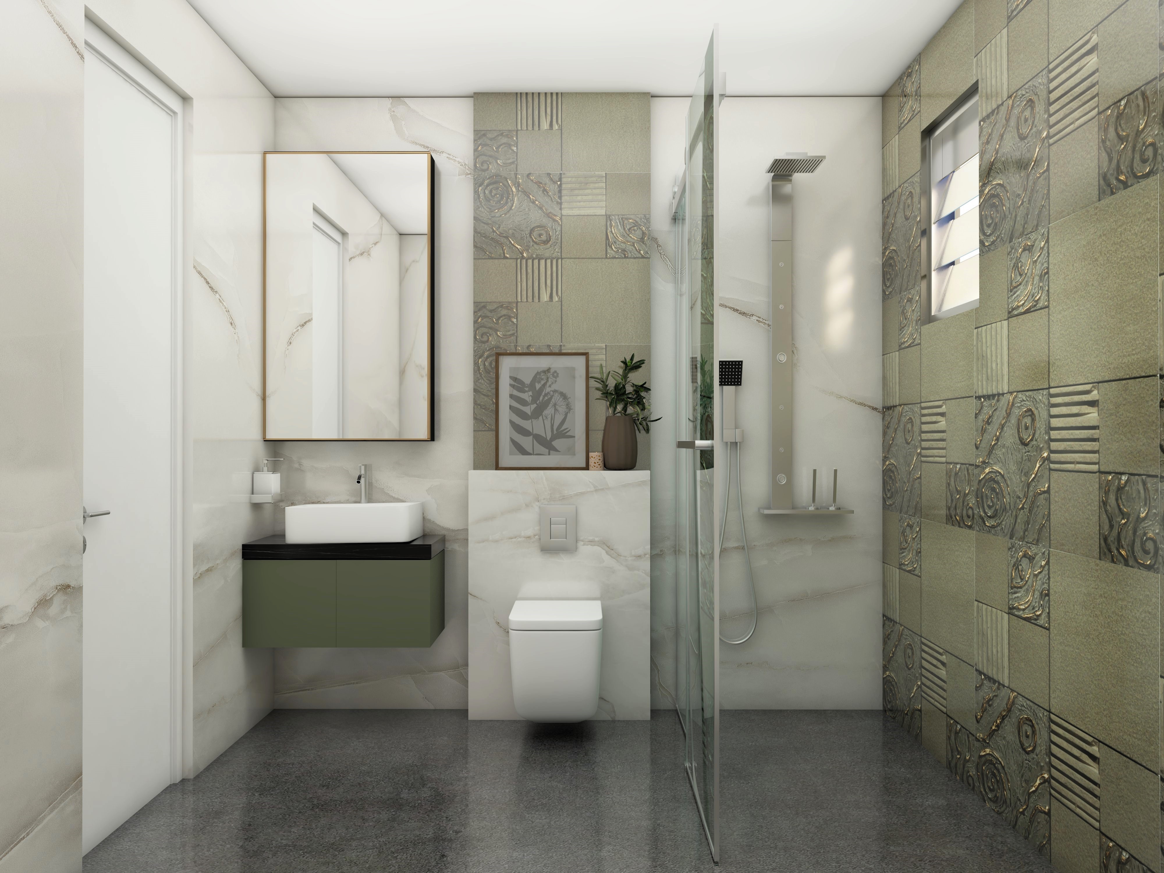Bathroom walls with white marble and olive green 3d tiles - Beautiful Homes