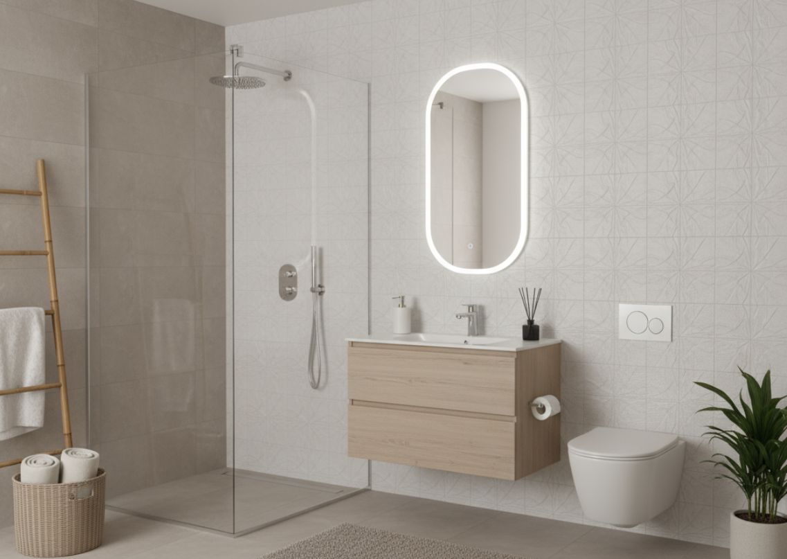 Minimalist bathroom with wooden vanity and glass shower - Beautiful Homes