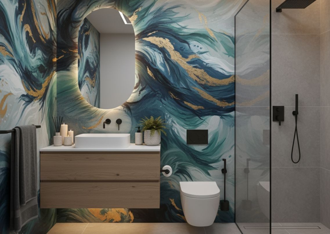 Bathroom with artistic wall and luxury fittings - Beautiful Homes