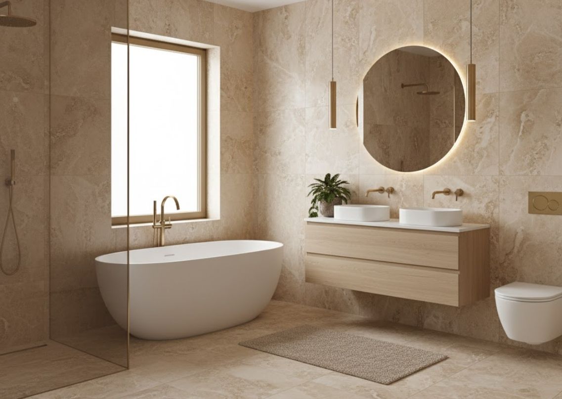 Bathroom with freestanding tub and wooden vanity - Beautiful Homes