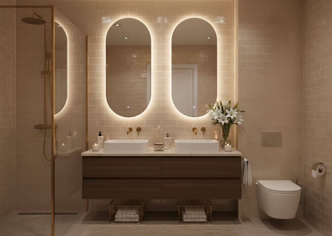 Bathroom with beige tiles and backlit mirrors - Beautiful Homes