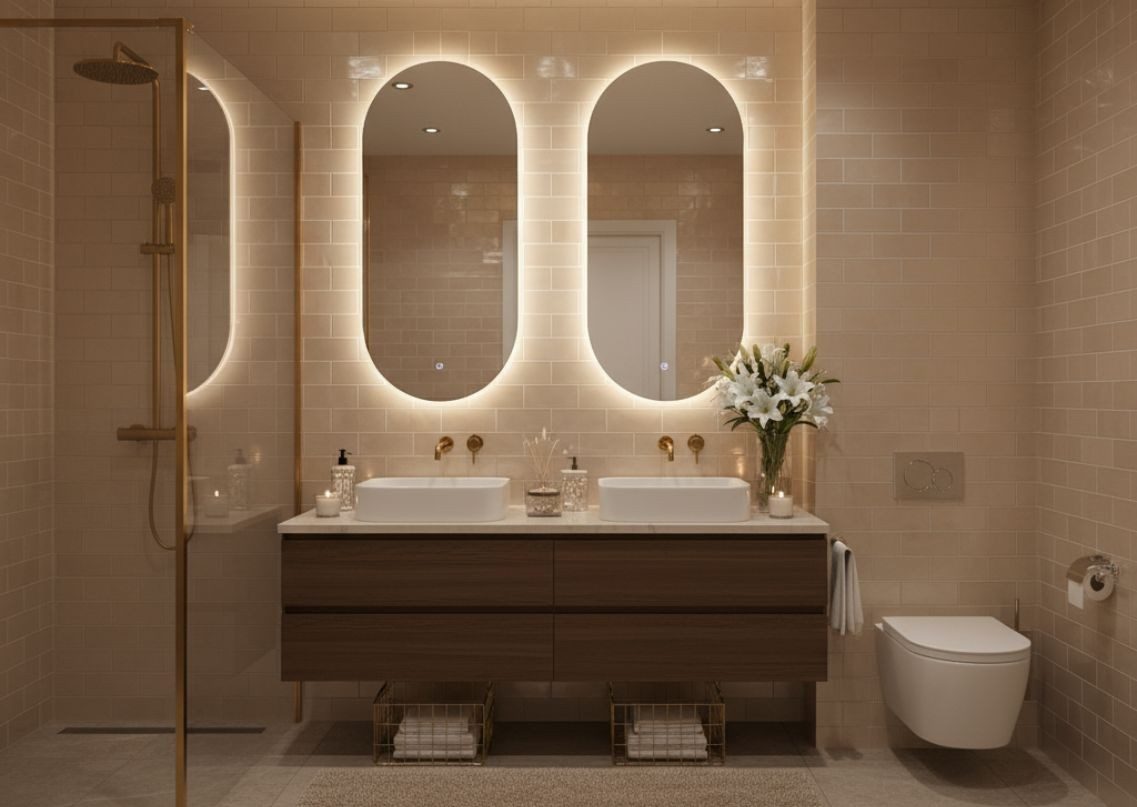 Bathroom with beige tiles and backlit mirrors - Beautiful Homes