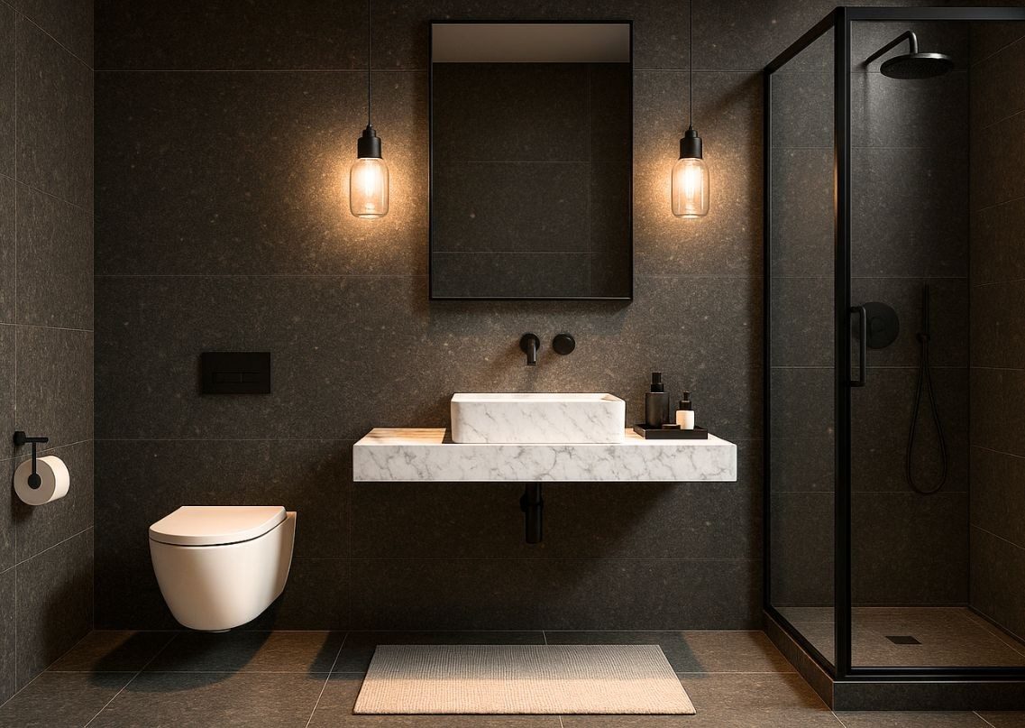Stylish bathroom with black tiles and marble basin - Beautiful Homes