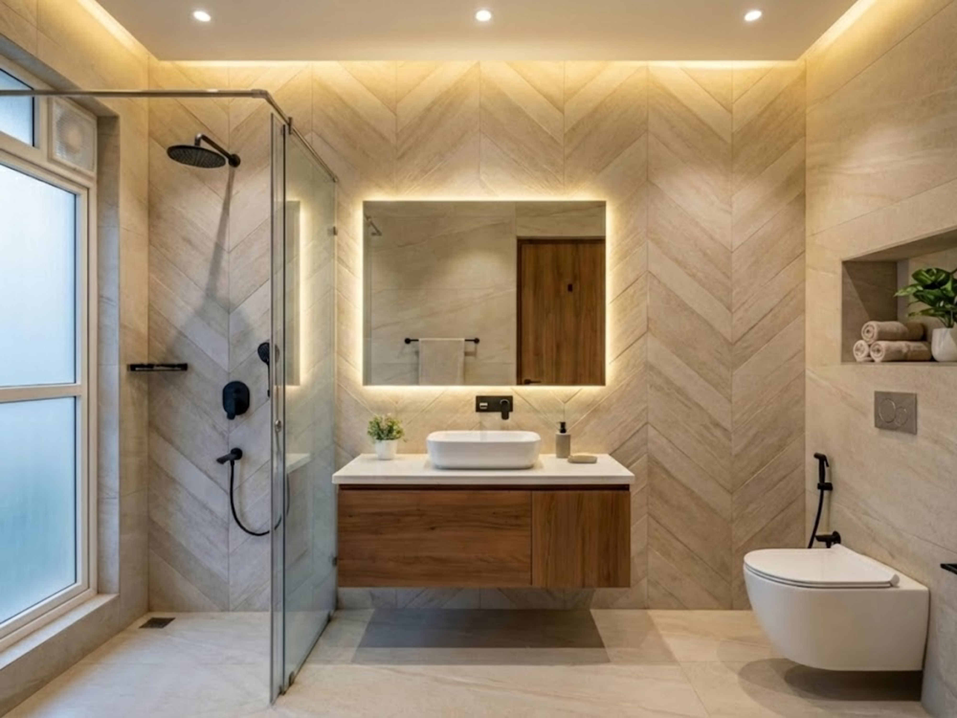 Contemporary bathroom with vanity and glass shower panel - Beautiful Homes