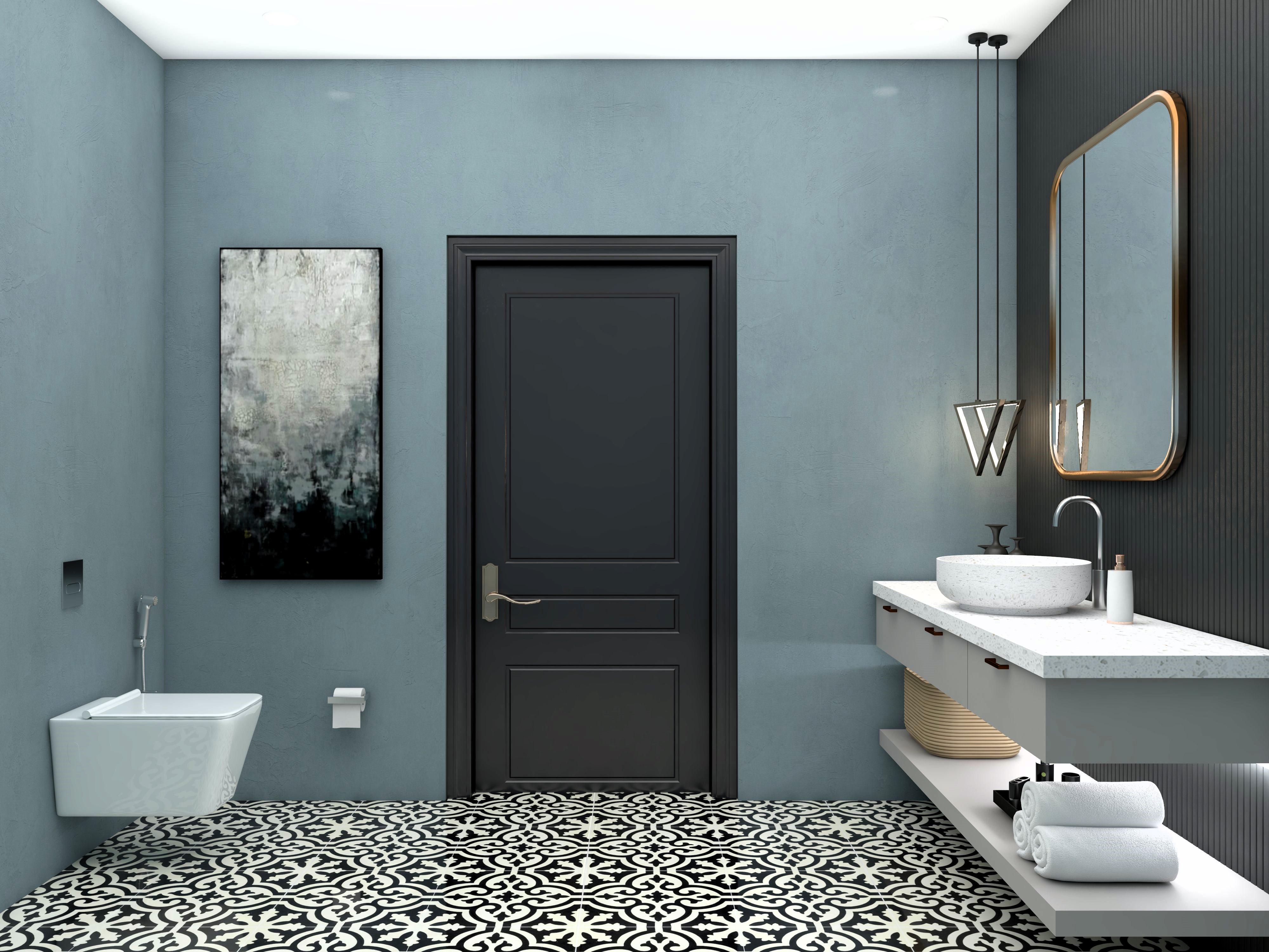 Bathroom with grey walls and white sanitary fixtures-Beautiful Homes