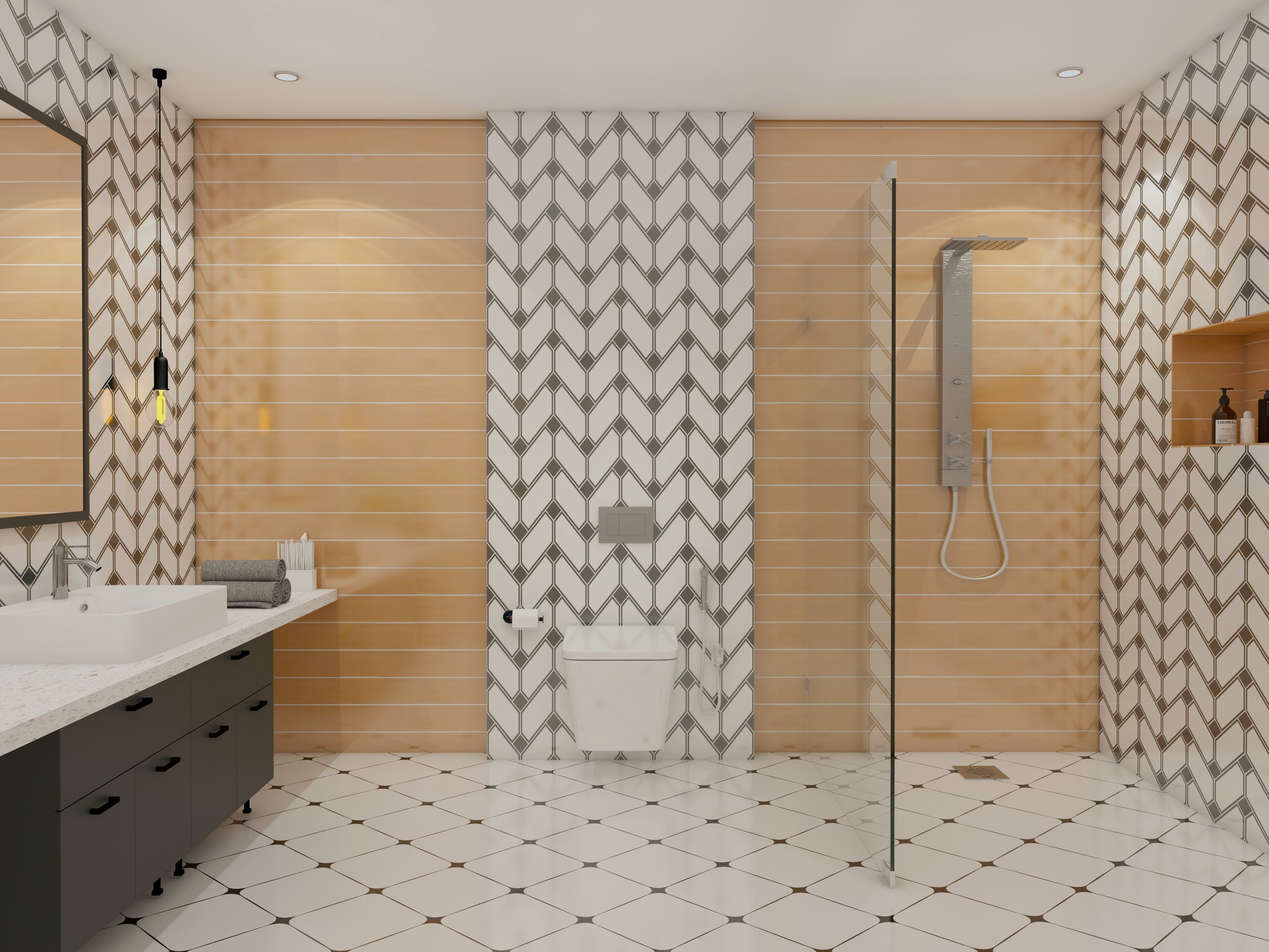 Bathroom with herringbone patterned tiles and light brown tiles - Beautiful Homes