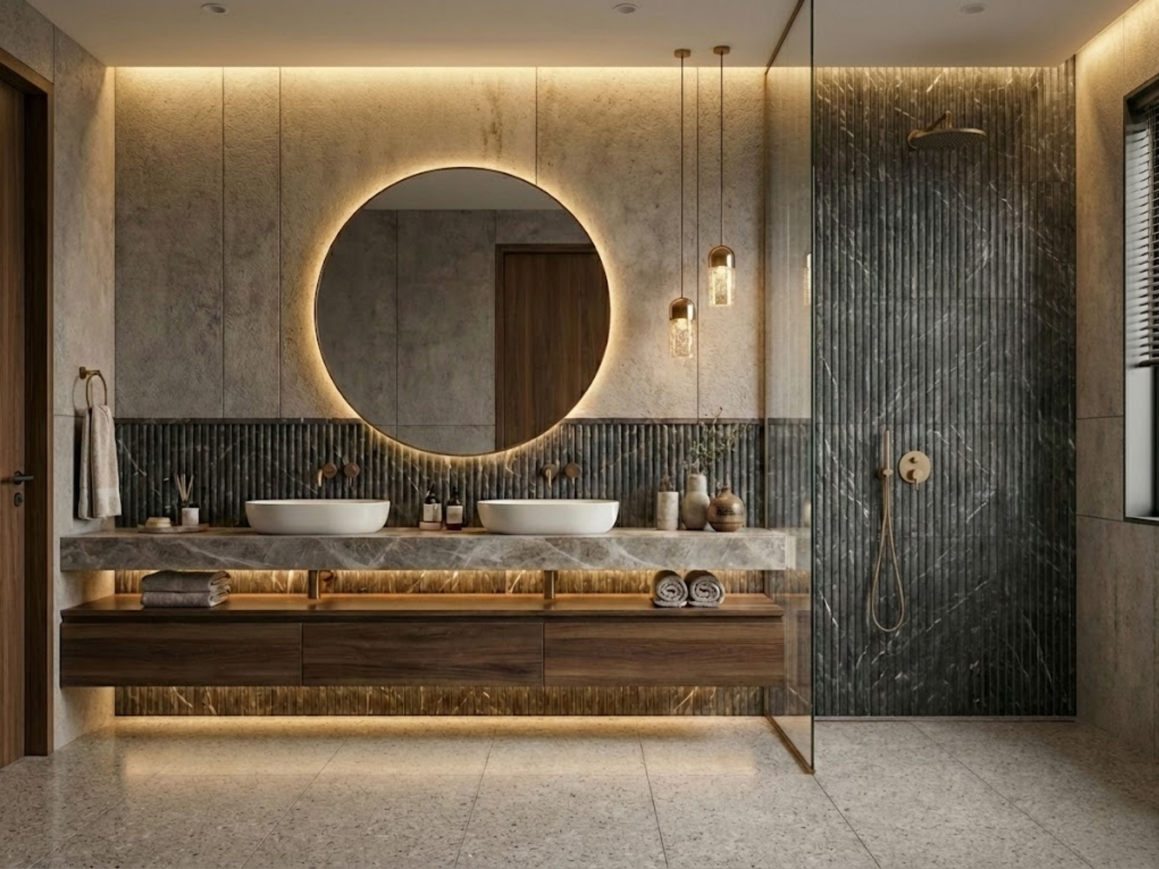 Bathroom with wooden vanity and round mirror - Beautiful Homes