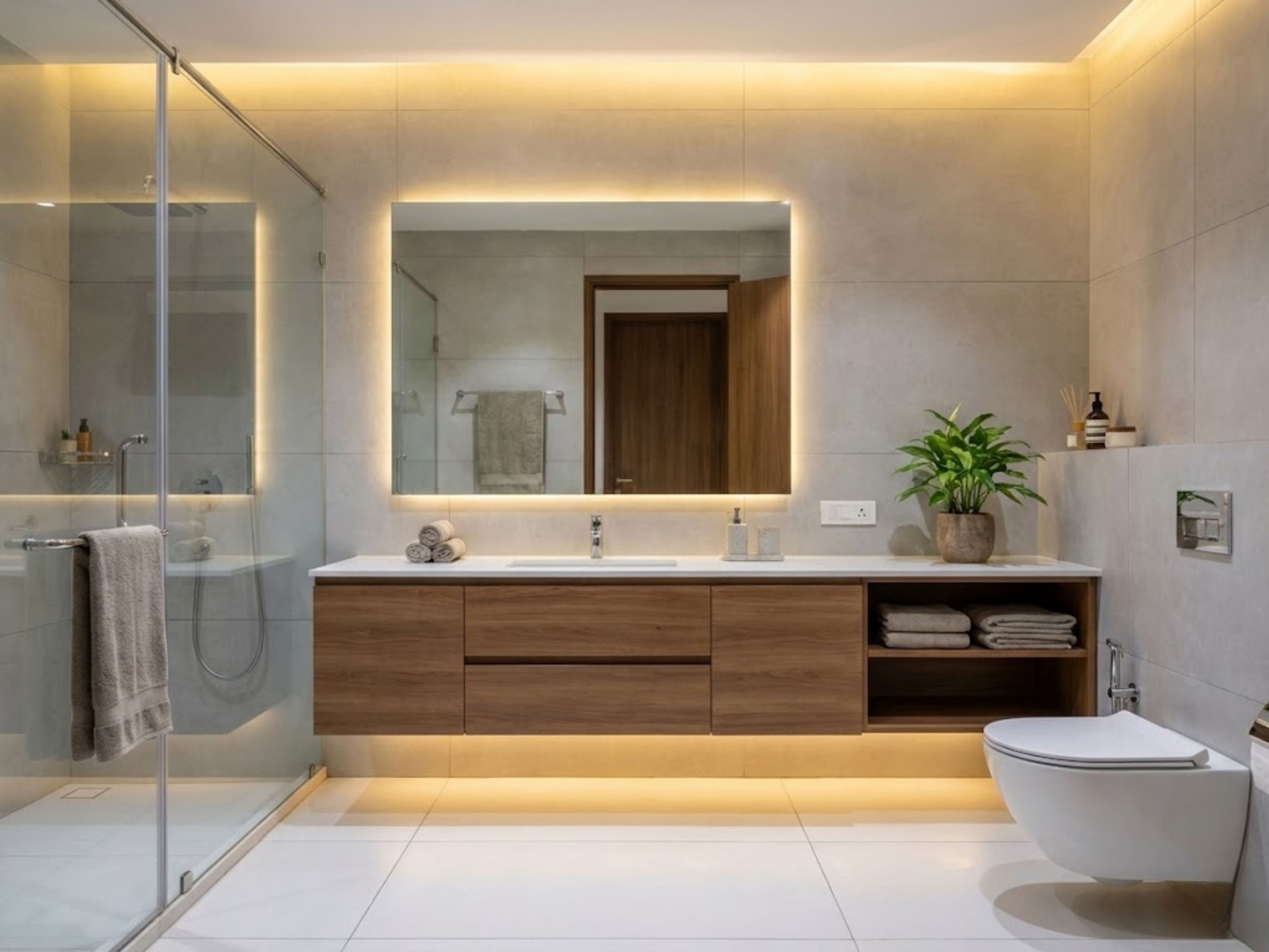 Modern bathroom with floating vanity and warm lighting - Beautiful Homes
