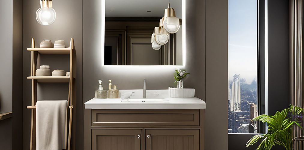Beige bathroom with lighted vanity mirror and bathroom cabinet-Beautiful Homes