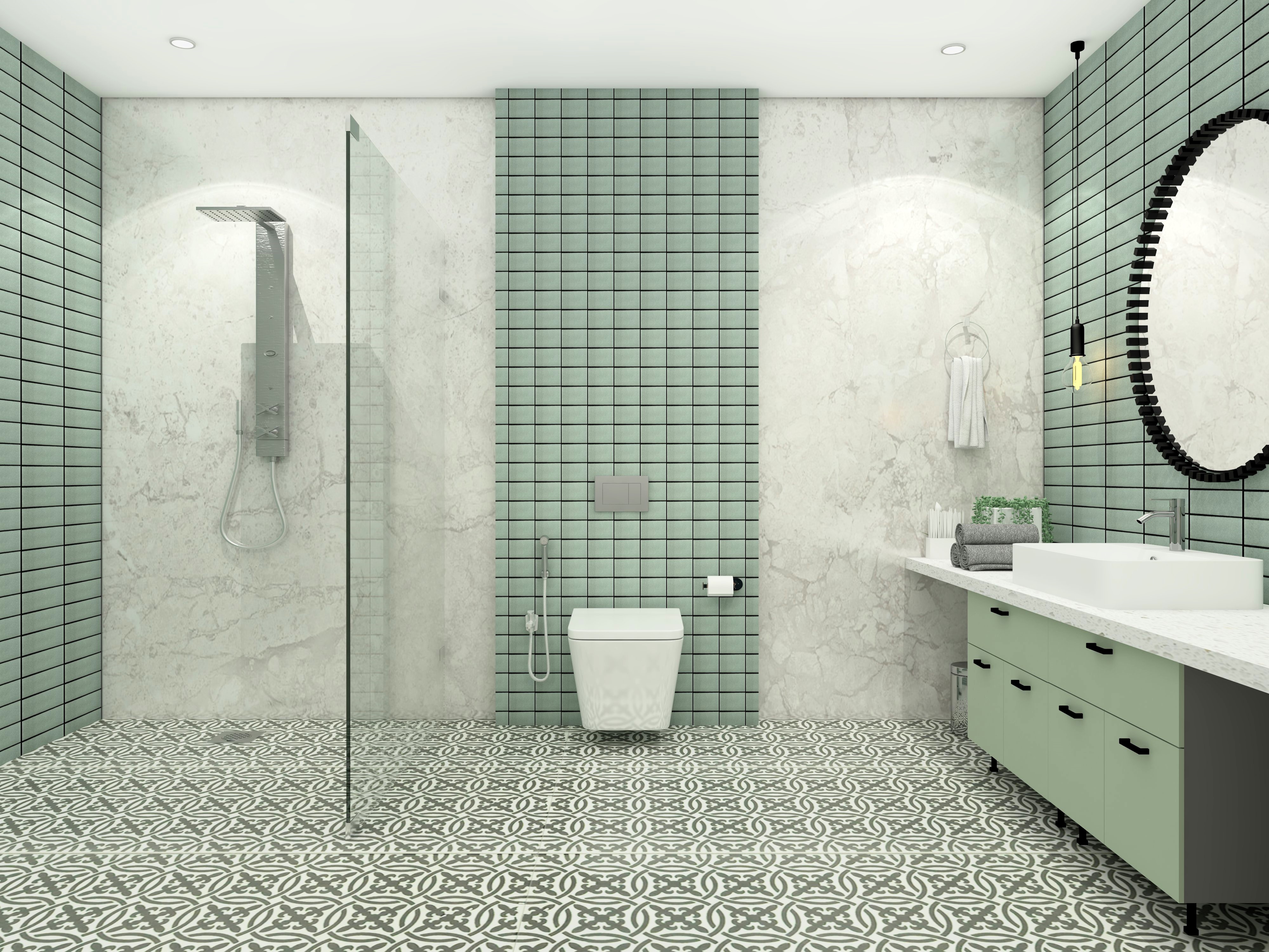 Bathroom with mint green ledge wall and seamless marble wall tiles - Beautiful Homes