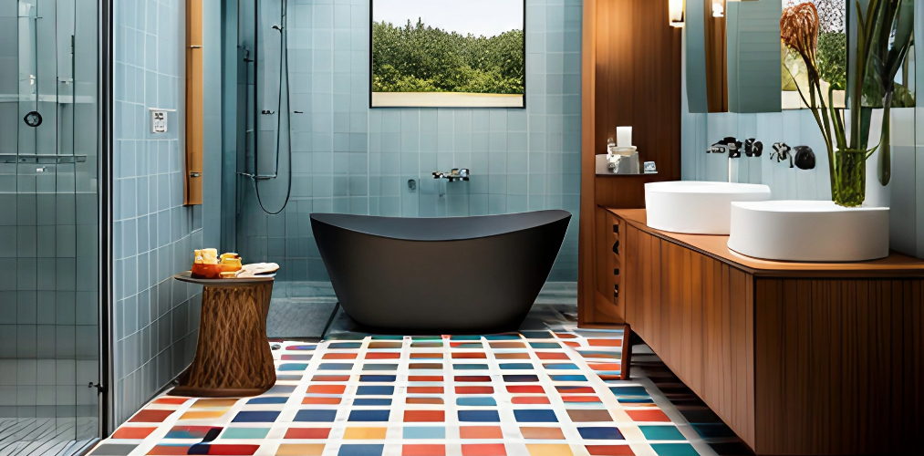 Bathroom with multi-coloured square tiles for flooring-Beautiful Homes
