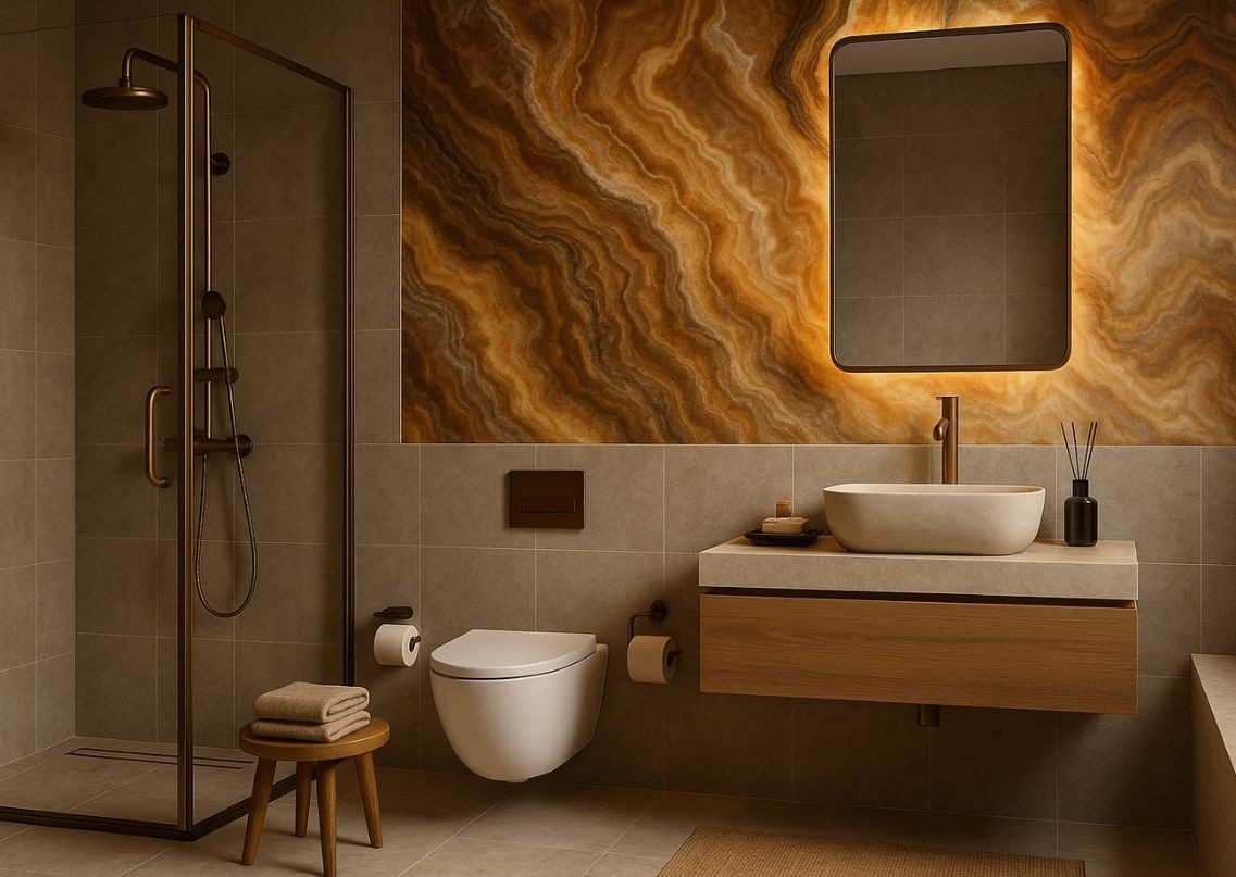 Luxury bathroom with beige tiles and textured wall - Beautiful Homes