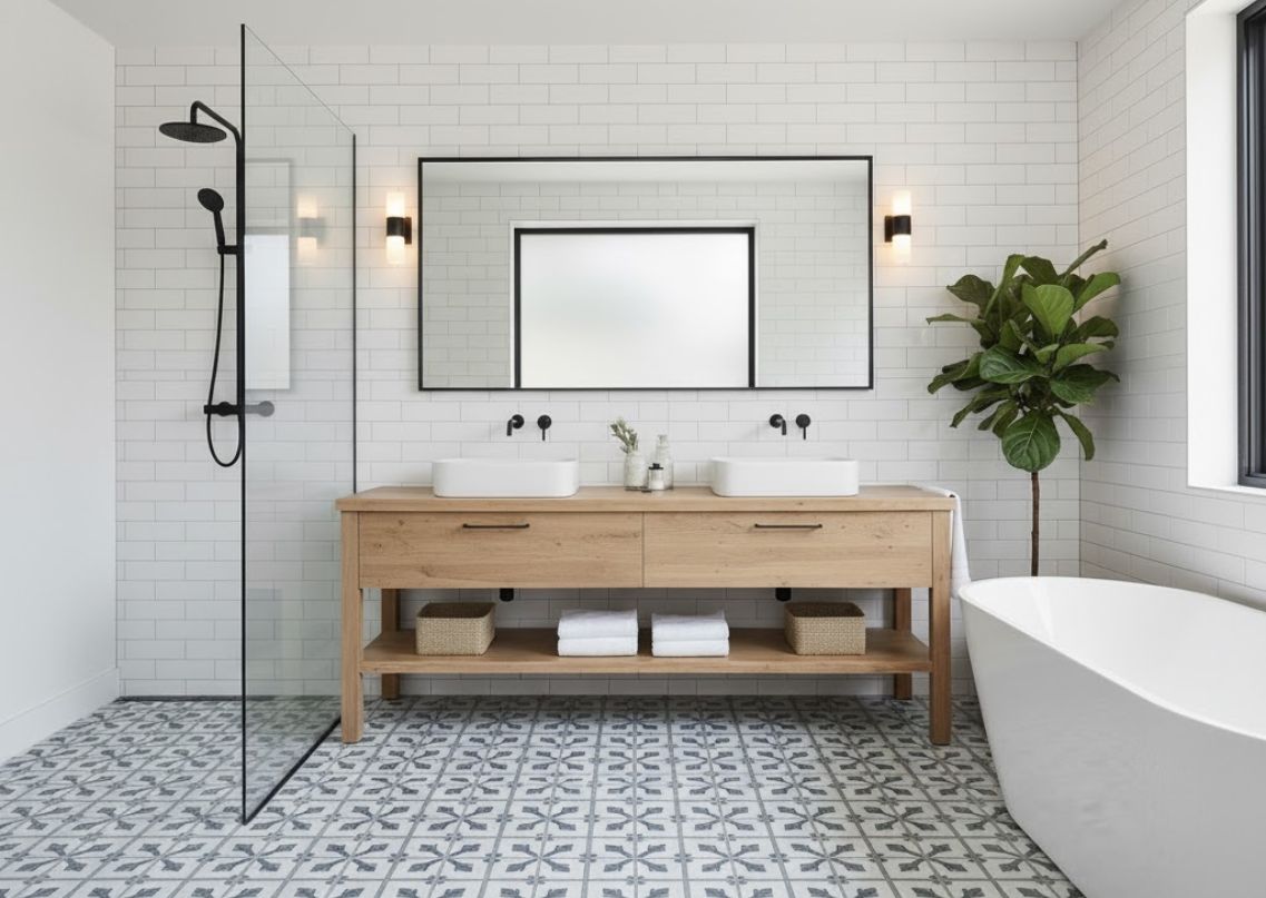 Modern bathroom with wooden vanity and floral tiles - Beautiful Homes