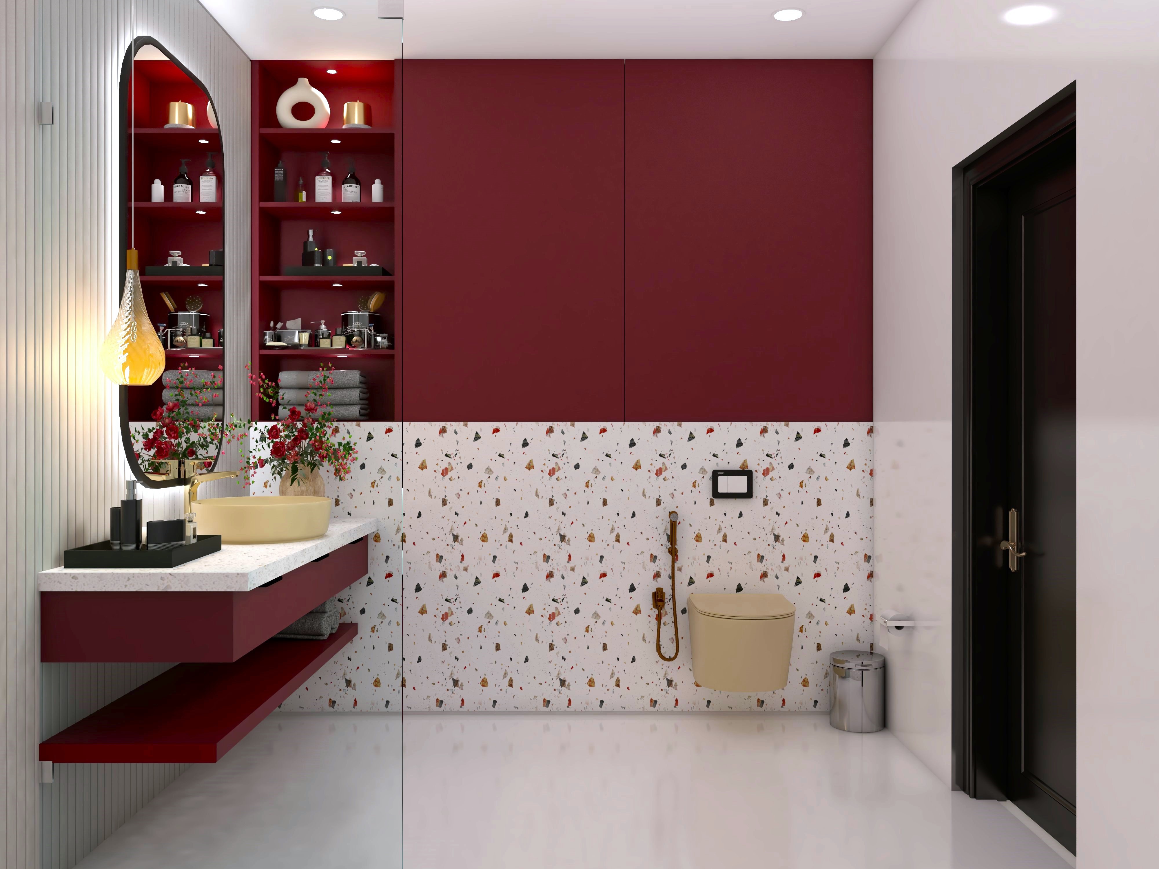 Bathroom with red vanity and terrazzo wall tiles - Beautiful Homes