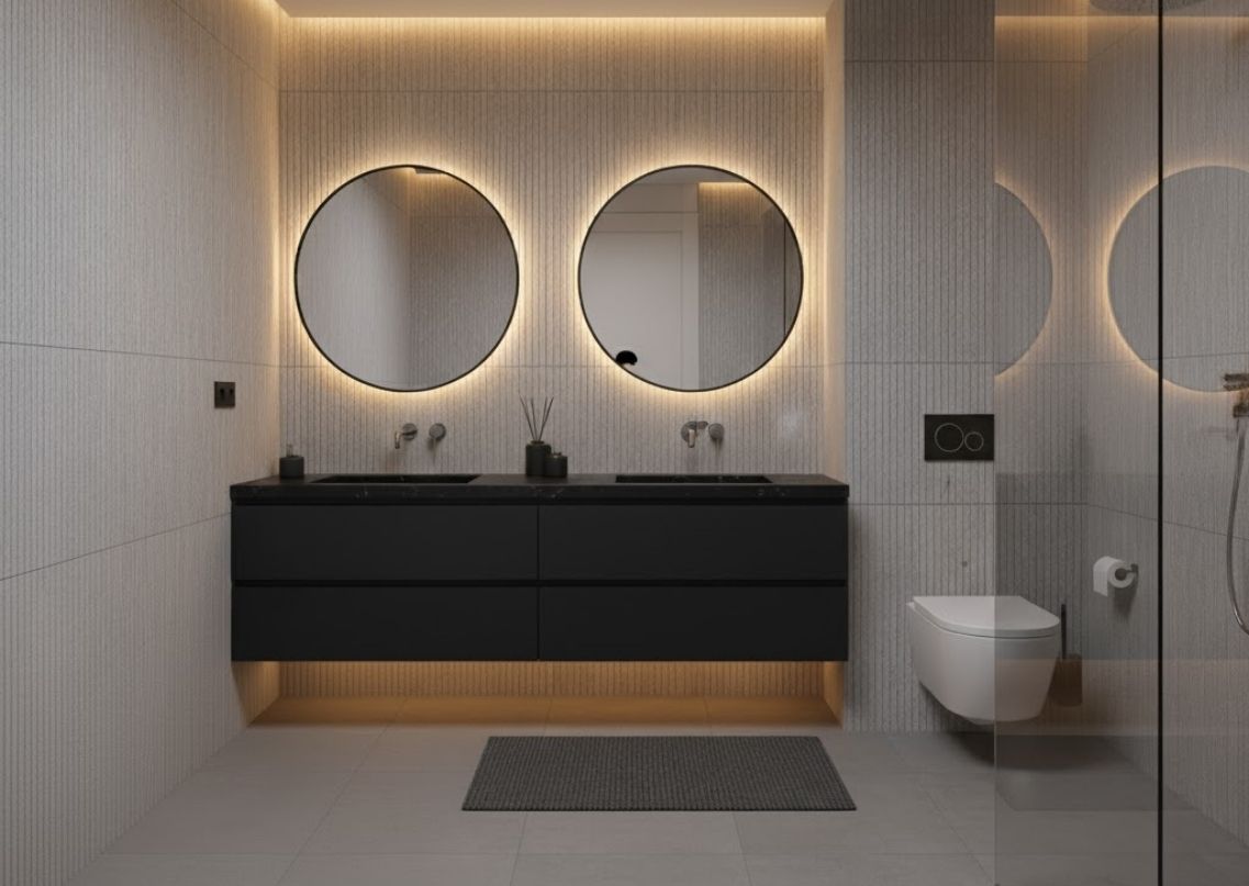 Modern bathroom with floating vanity and round mirrors - Beautiful Homes