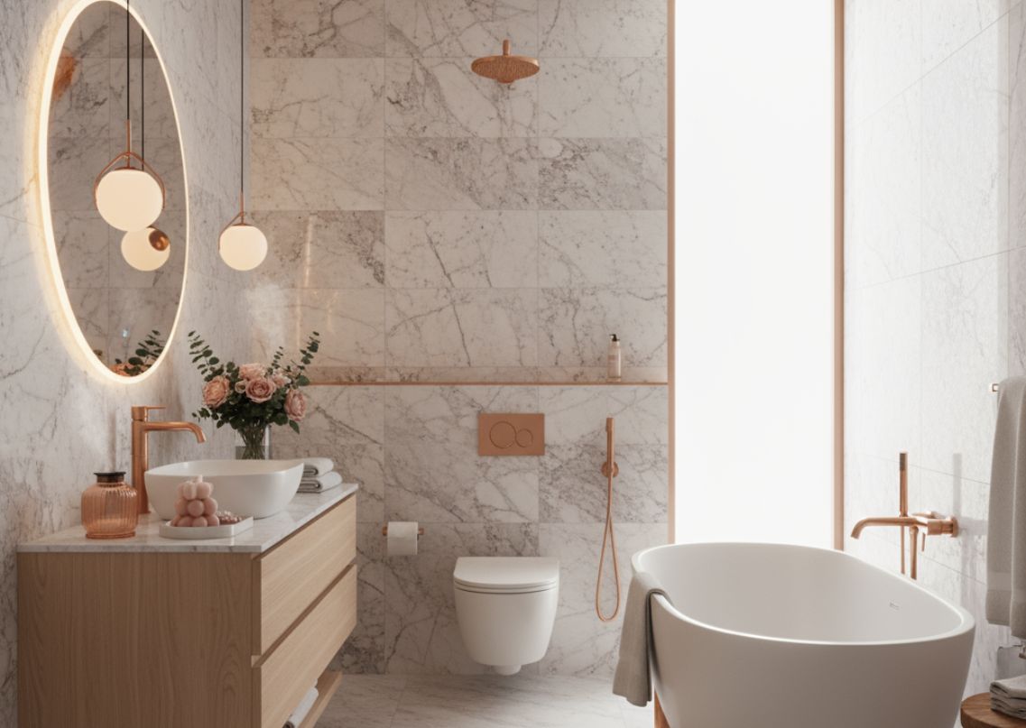 Bathroom with marble tiles and copper fittings - Beautiful Homes