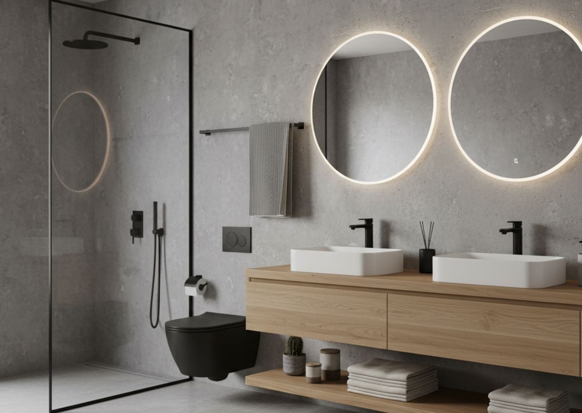 Modern bathroom with wooden vanity and black fixtures - Beautiful Homes