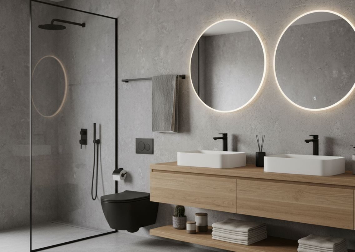 Modern bathroom with wooden vanity and black fixtures - Beautiful Homes