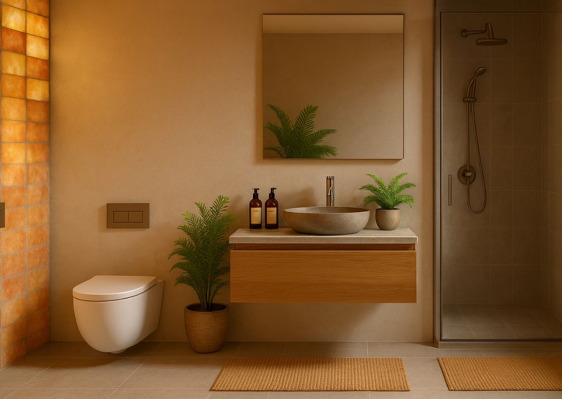 Bathroom with wooden vanity and neutral décor - Beautiful Homes