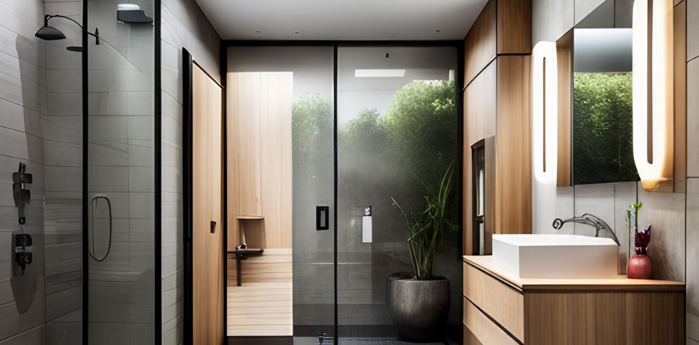 Grey bathroom with shower and wooden bathroom cabinets-Beautiful Homes