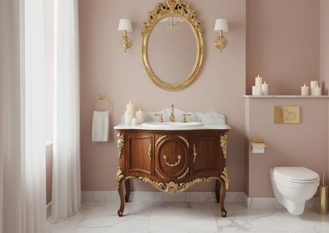 Bathroom with antique vanity and gold accents - Beautiful Homes