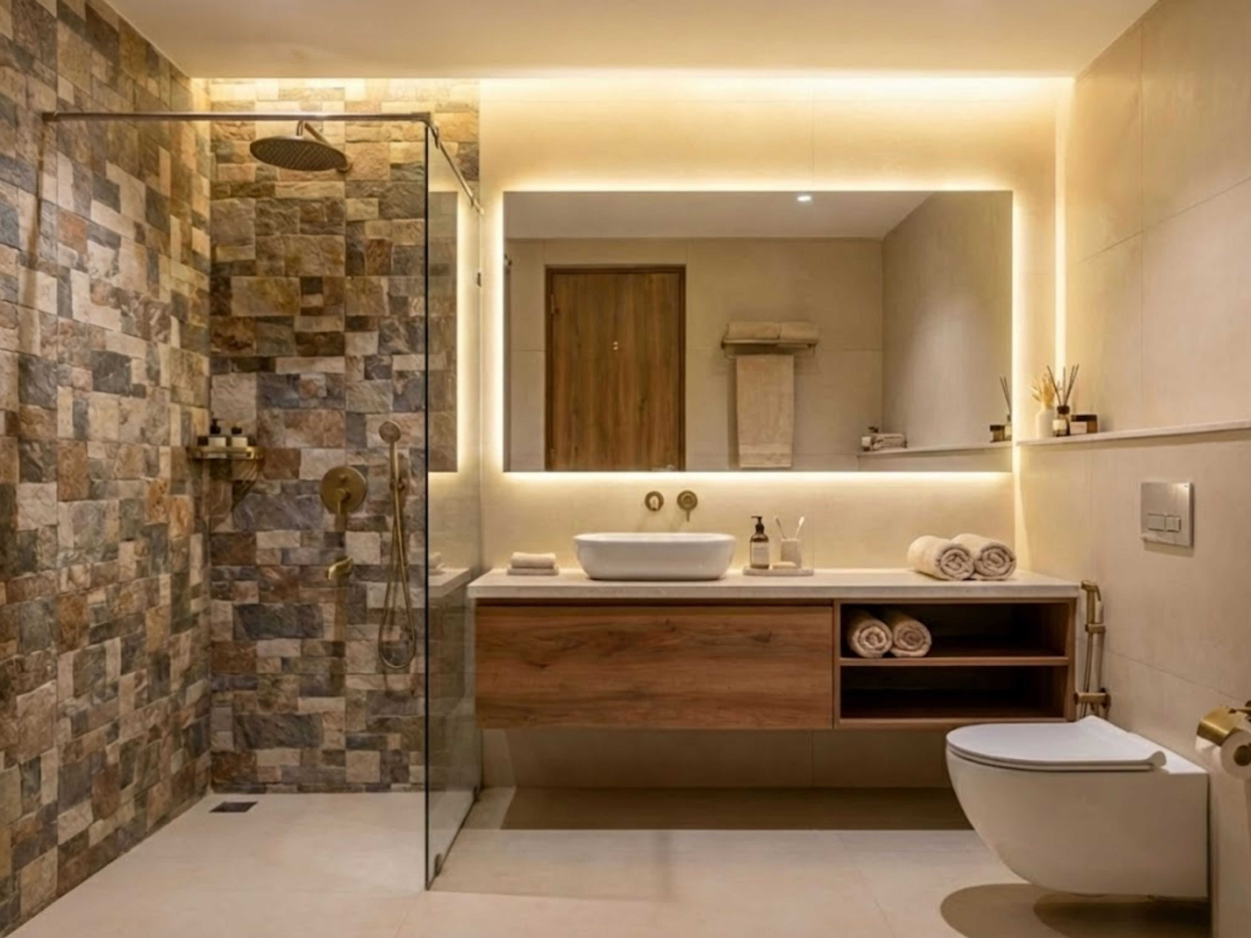 Elegant bathroom with stone tiles and warm lighting - Beautiful Homes