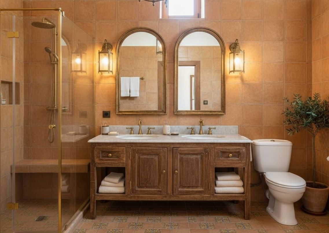 Rustic bathroom with wooden vanity and gold accents - Beautiful Homes