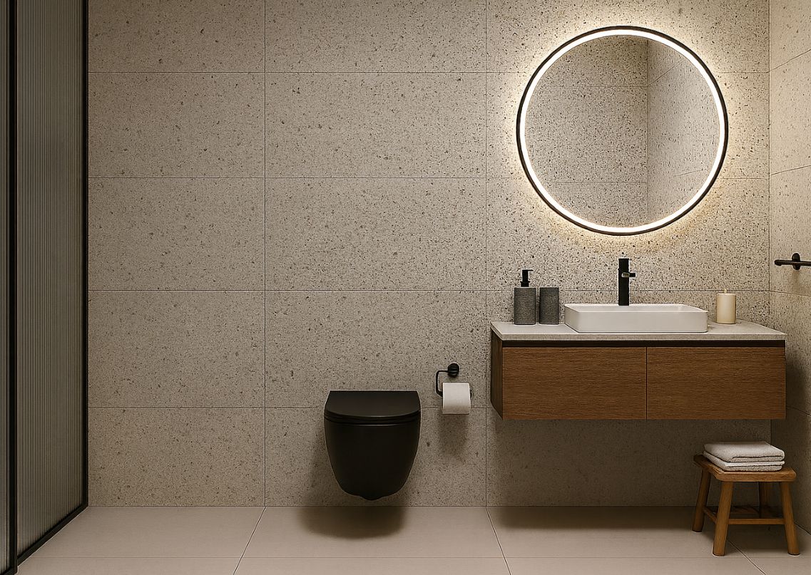 Bathroom with wooden vanity and illuminated mirror - Beautiful Homes