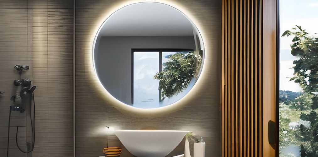 Brown bathroom with round led mirror and wash basin-Beautiful Homes